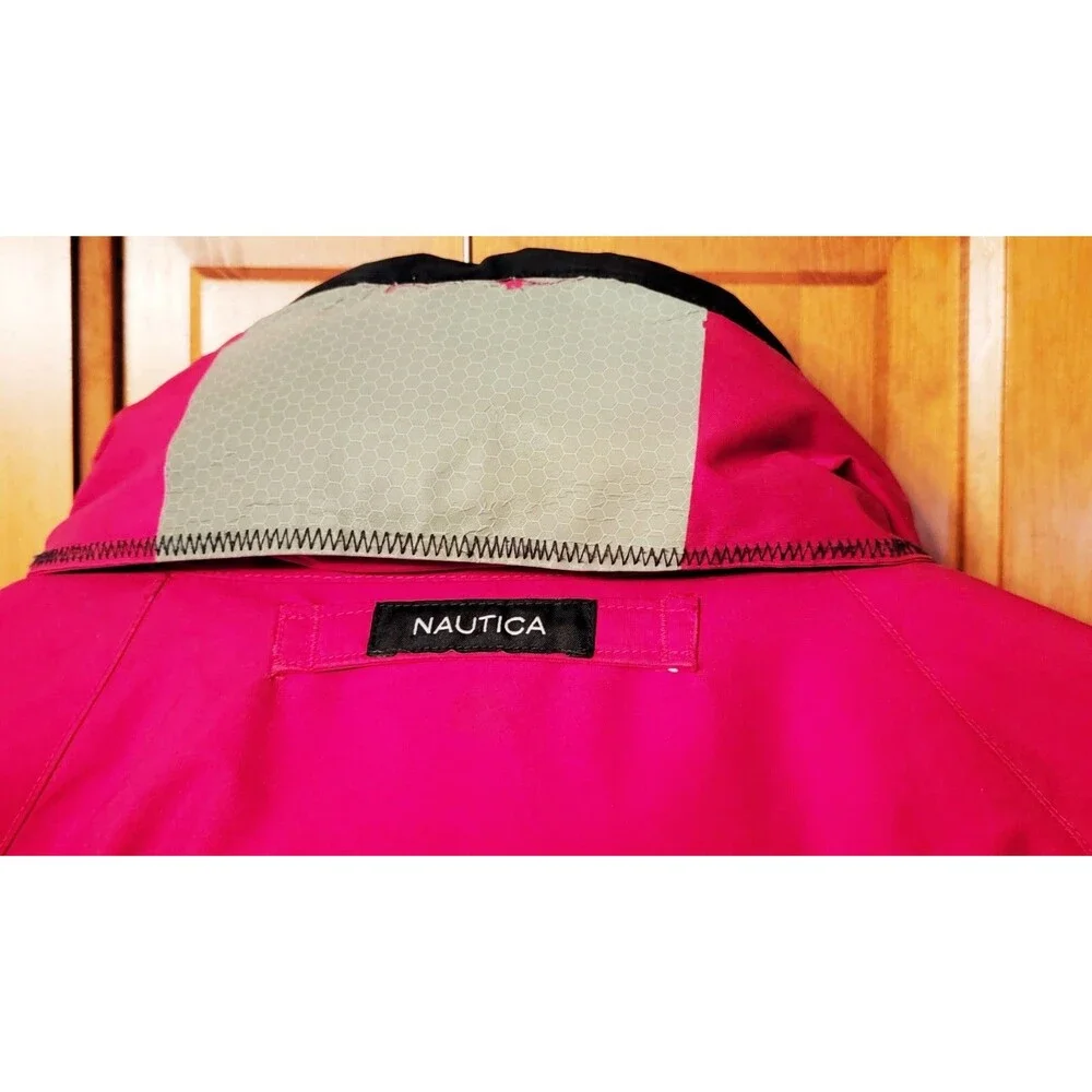 Vintage Nautica Down Puffer Coat Jacket Mens Size Large Red White Stripes Hooded